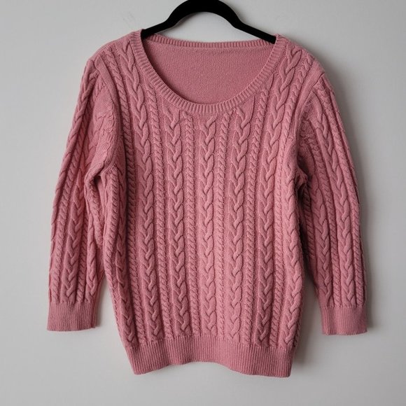 VINTAGE Pink Chunky Cable Knit Scoop Neck Sweater Pullover - Picture 6 of 11